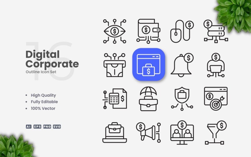 16 Digital Corporate Outline Ikonuppsättning