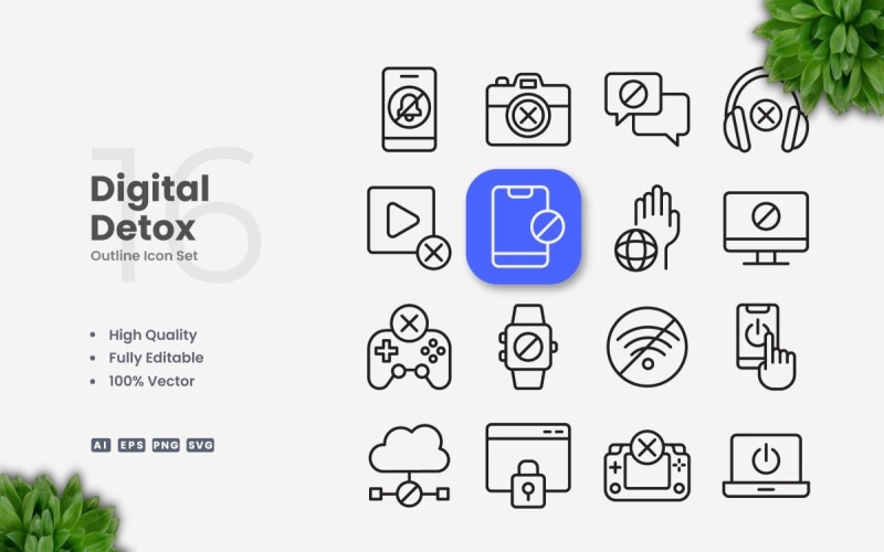 16 Zestaw ikon Digital Detox Outline
