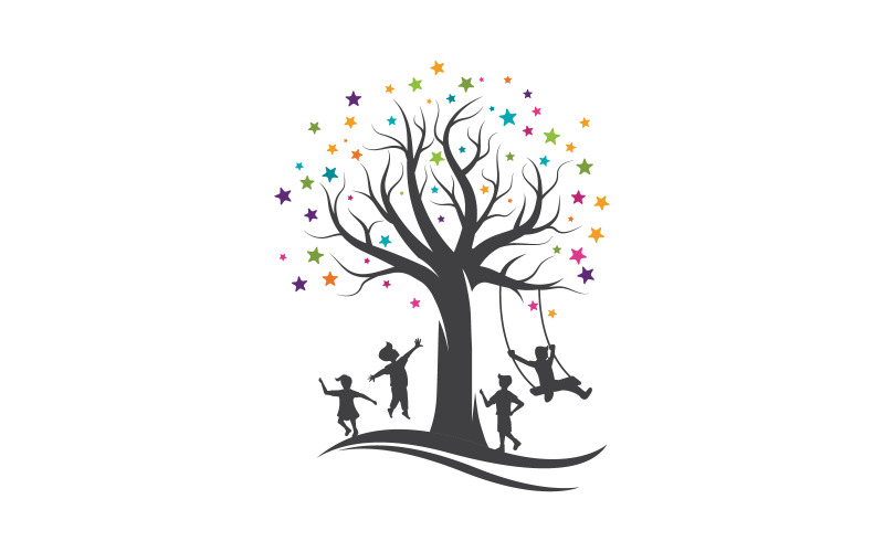 bambini giocano con l'albero logo icona vettoriale design illustrazione v.9