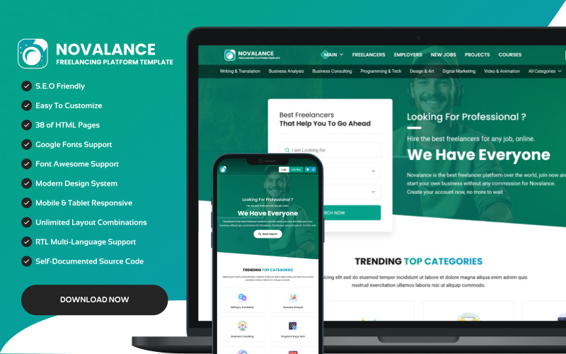 Novalance – Jobportal und Marktplatz für Freiberufler – Sauberes, minimalistisches HTML-Template