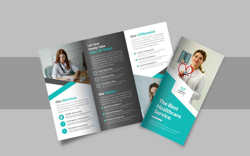 Drieluikbrochure voor ziekenhuis, medisch of gezondheidszorg, lay-out voor drieluikbrochure voor bedrijven of bedrijven