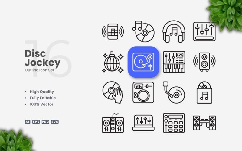 Conjunto de 16 iconos de contorno de disc jockey