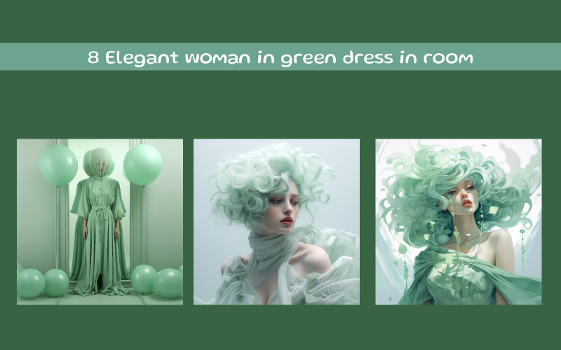 Mulher elegante em vestido verde no quarto