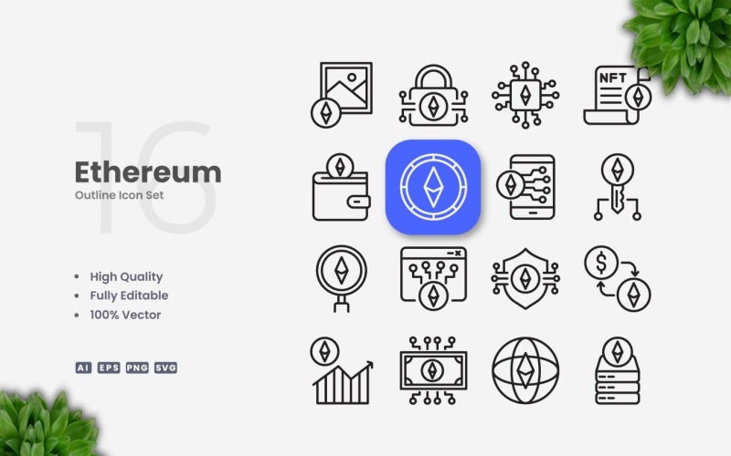 16 Ethereum Outline Ikonuppsättning