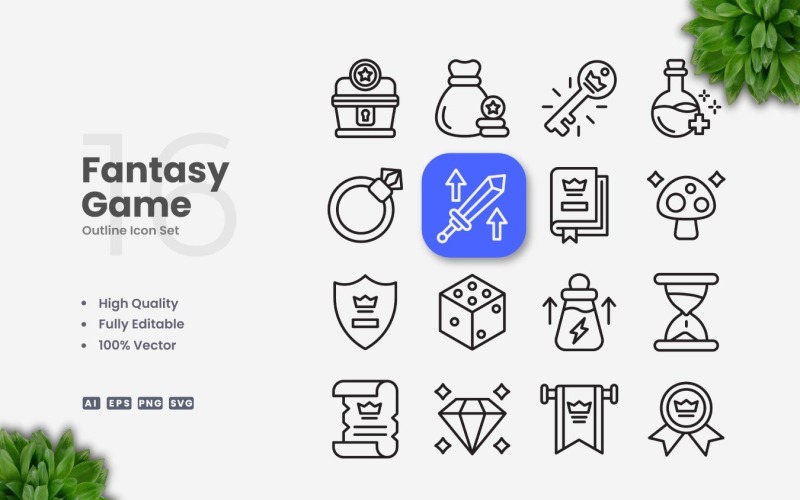 16 Fantasy Game Outline Ikonuppsättning