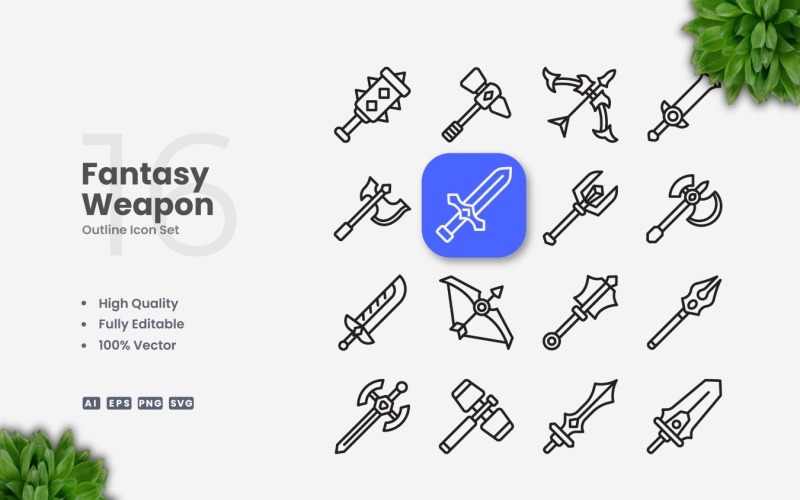 16 Fantasy Weapon Outline Ikonuppsättning