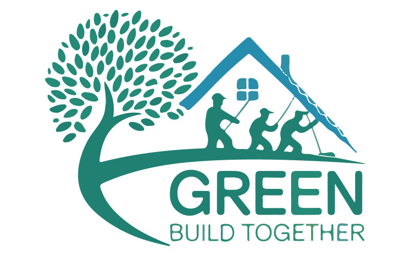 Uma ilustração de uma casa construída por uma equipe de trabalhadores da construção civil