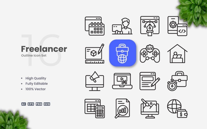 16 Freelancer Outline Ikonuppsättning