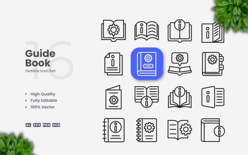 16 Guide Book Outline Icon Set