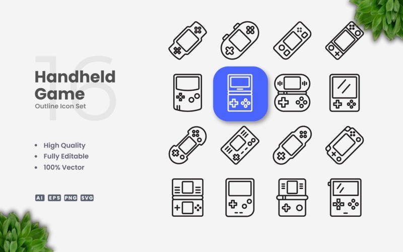 16 Handheld Game Outline Ikonuppsättning