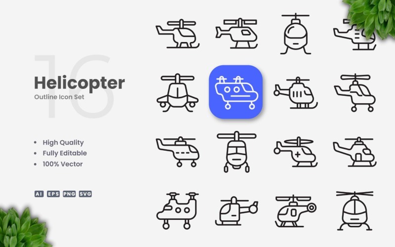 16 Helikopter Omtrek Pictogrammenset