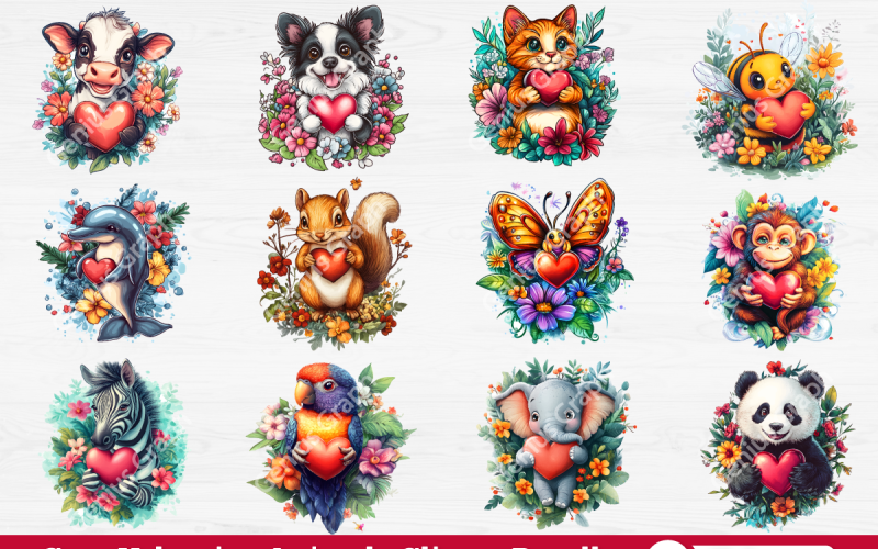 Paquete de imágenes prediseñadas de animales lindos de San Valentín