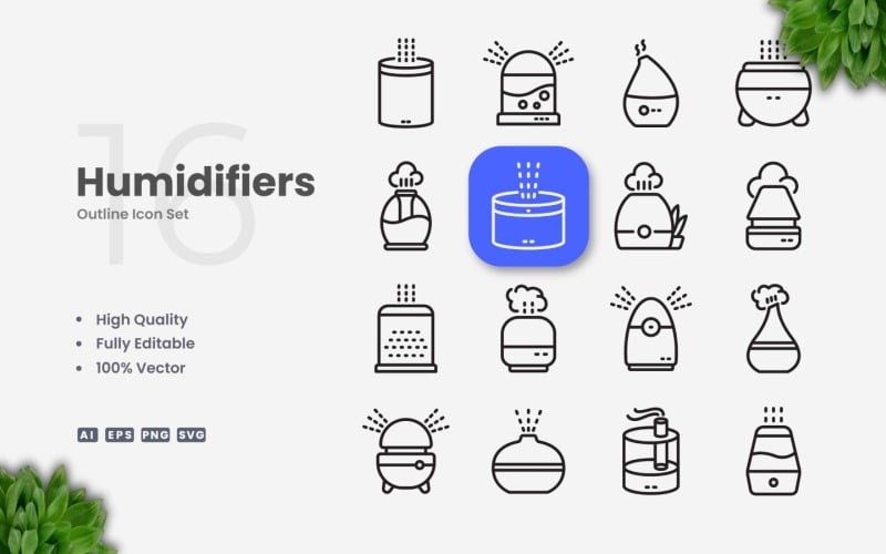 Ensemble d'icônes de contour de 16 humidificateurs