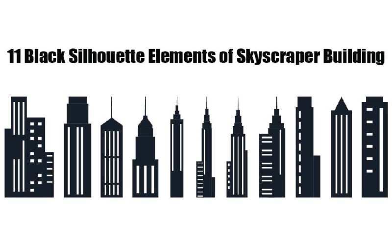 11 éléments de silhouette noire d'un gratte-ciel