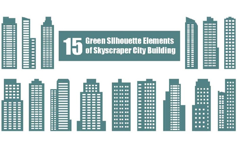 15 éléments de silhouette verte de construction urbaine