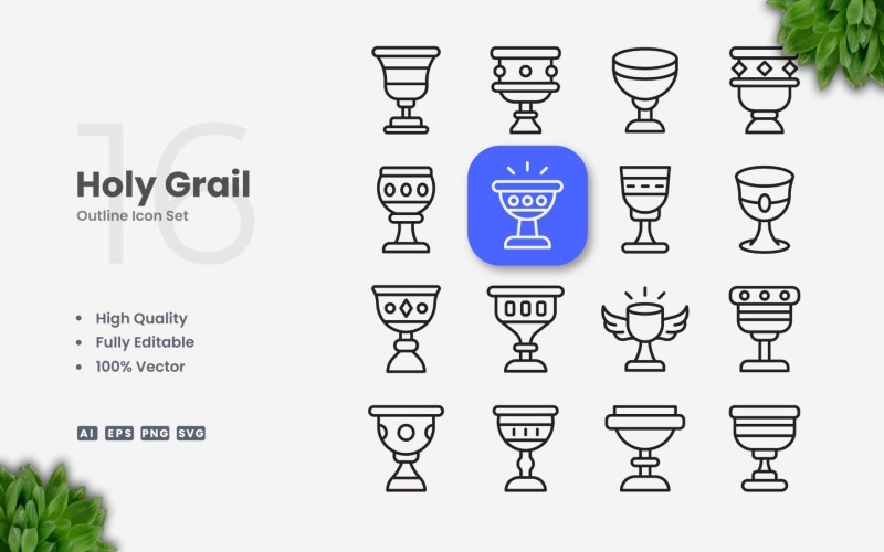 16 Heilige Graal Omtrek Pictogrammenset