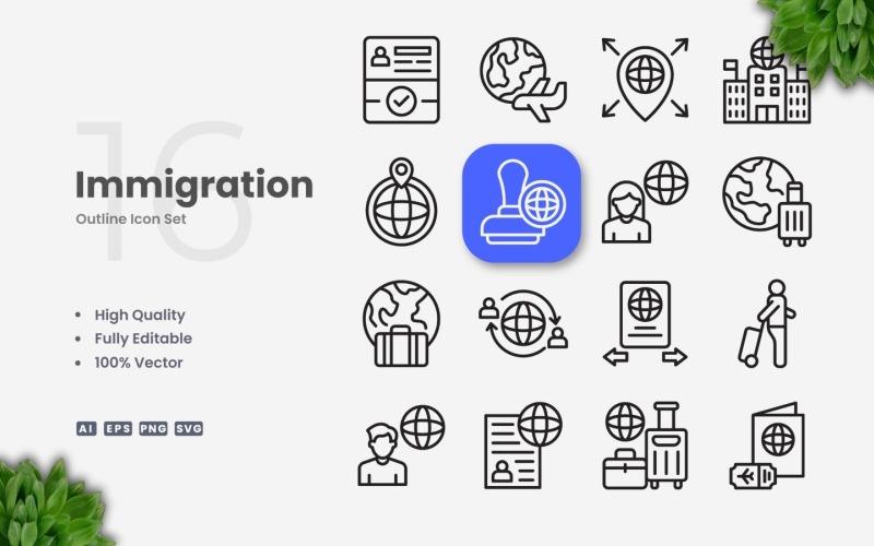 16 Immigratie-omtrekpictogramset