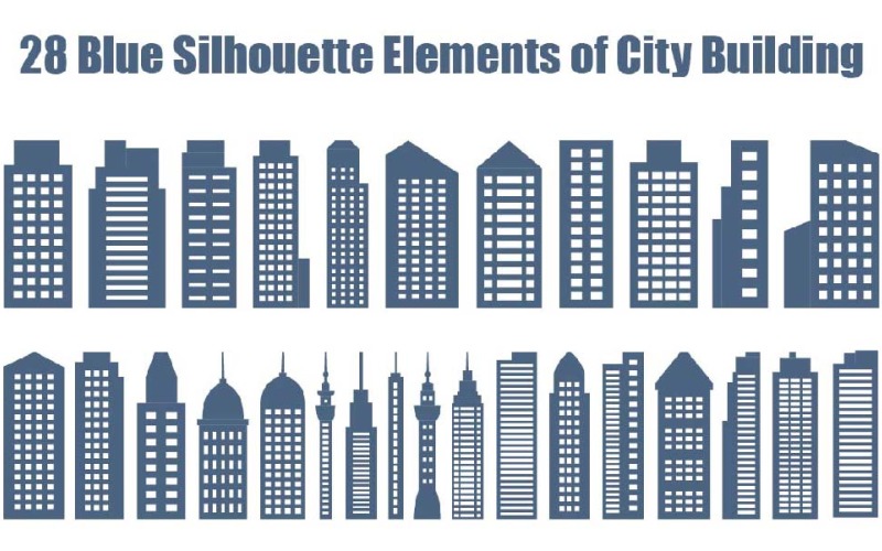 28 Elementos de Silhueta Azul de Construção de Cidade