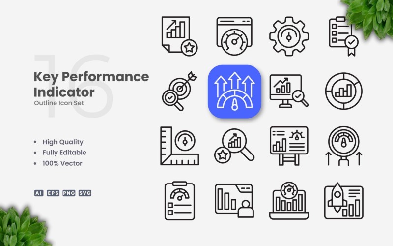 16 Key Performance Indicator Kontur Ikonuppsättning