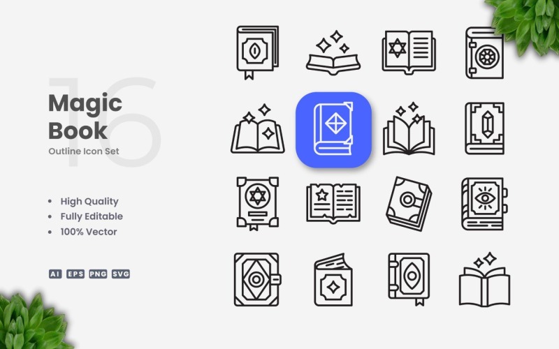 Conjunto de 16 iconos de contorno de libro mágico