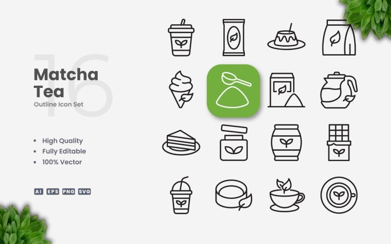 16 Matcha Tea Outline Ikonuppsättning