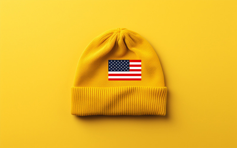 Gelbe amerikanische Häkelmütze, USA-Häkelmütze, blanko amerikanische Mütze Mockup