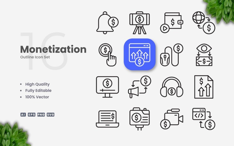 16 Set di icone di contorno di monetizzazione