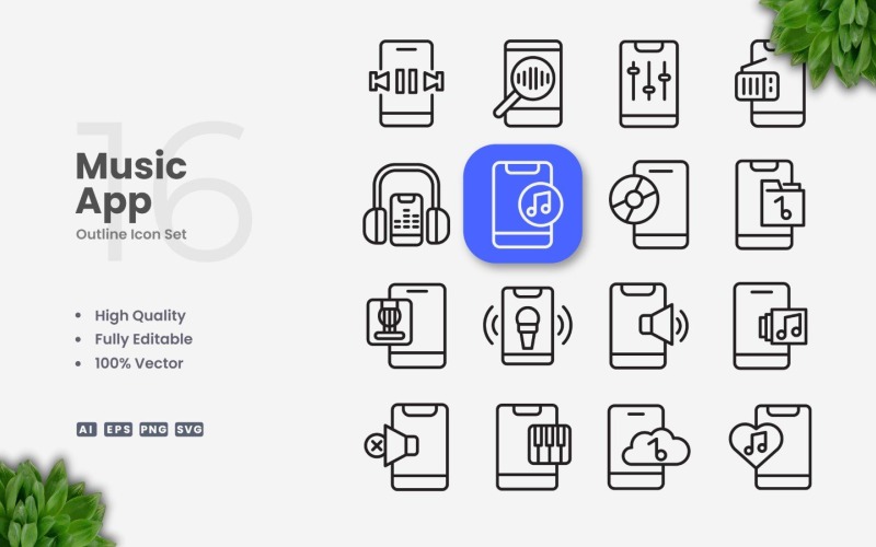 Ensemble d'icônes de contour d'application musicale 16
