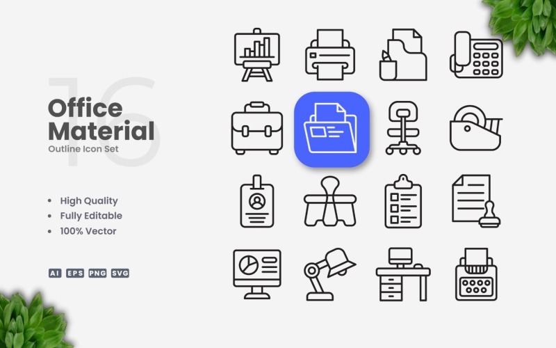 16 Office Material Outline Icon Set