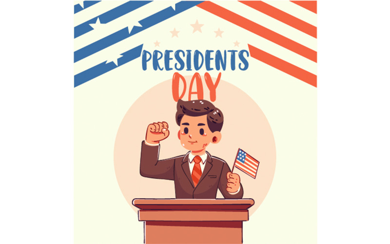 Día de los Presidentes con un joven político dando un discurso con una ilustración de la bandera estadounidense
