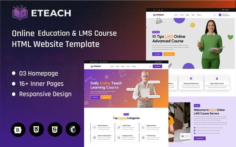 Eteach - HTML-websitesjabloon voor online onderwijs en LMS-cursussen