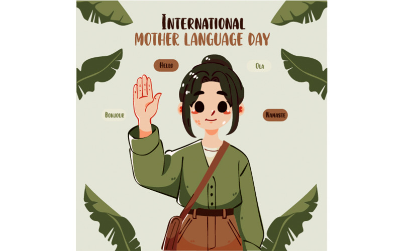Ilustración del Día Internacional de la Lengua Materna con un personaje alegre saludando con ropa informal