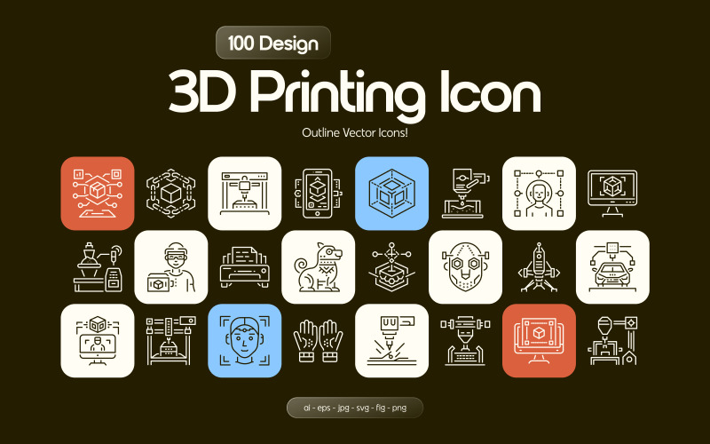 Modern 3D-utskrift Ikonuppsättning