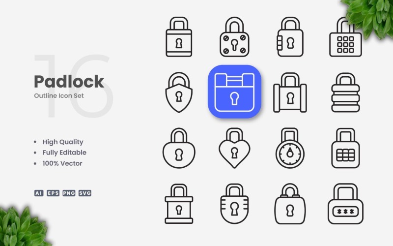 16 Padlock Outline Icon Set