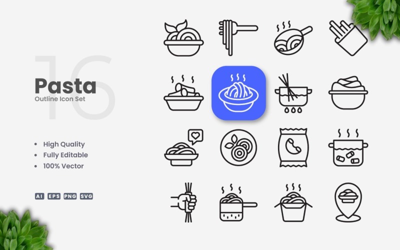 16 Pasta-Umriss-Symbolsatz