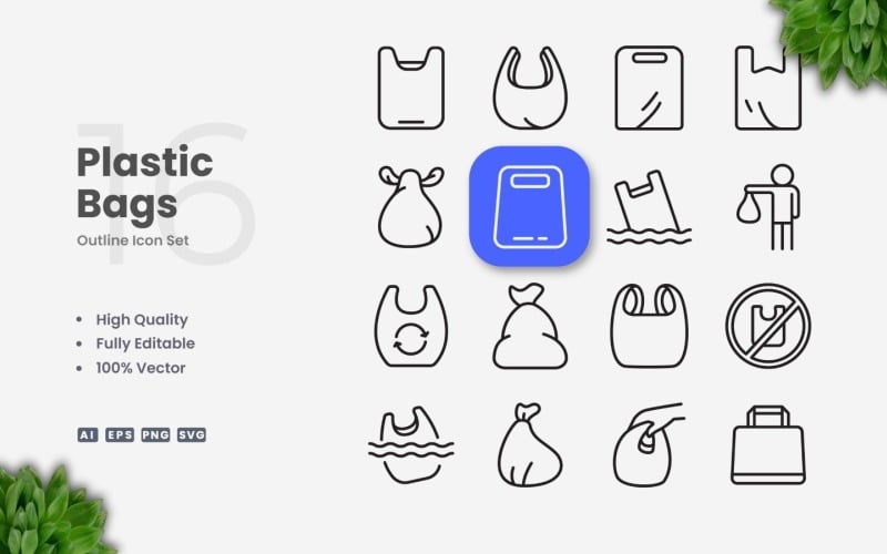 Conjunto de 16 iconos de contorno de bolsas de plástico