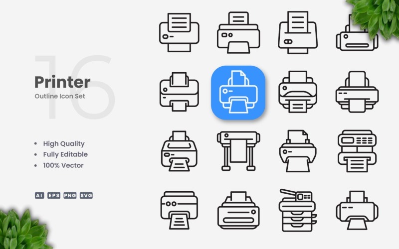 Conjunto de 16 iconos de contorno de impresora