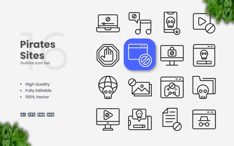 16 Piratensites Outline Icon Set