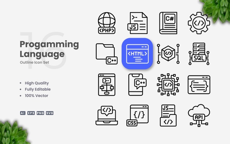 16 Programming Language Outline Icon Set