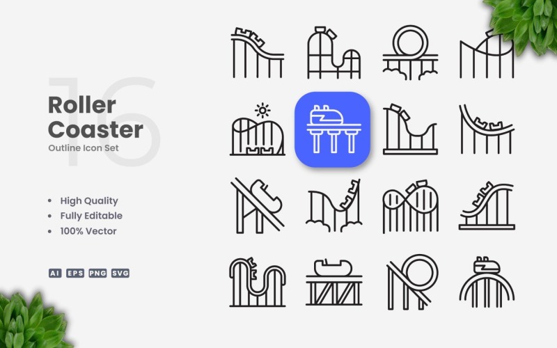 16 Roller Coaster Outline Icon Set