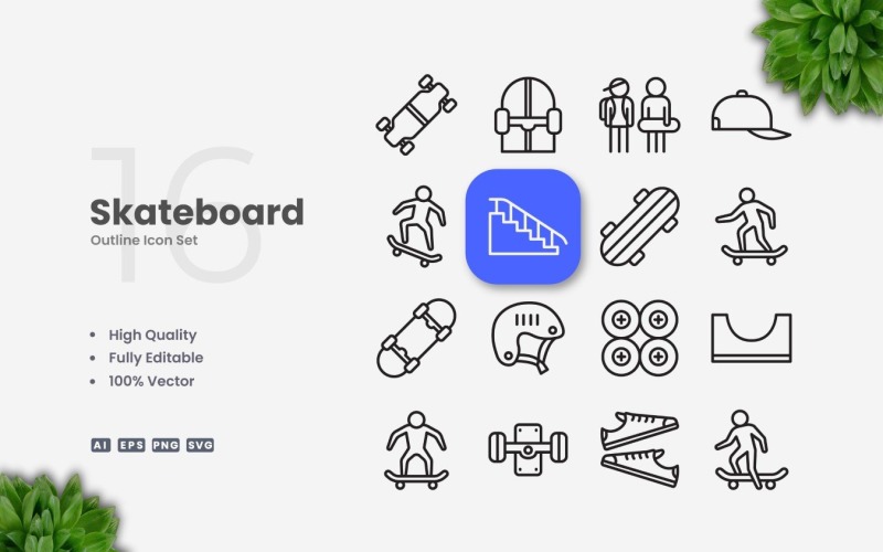 16 Skateboard-omtrekpictogramset