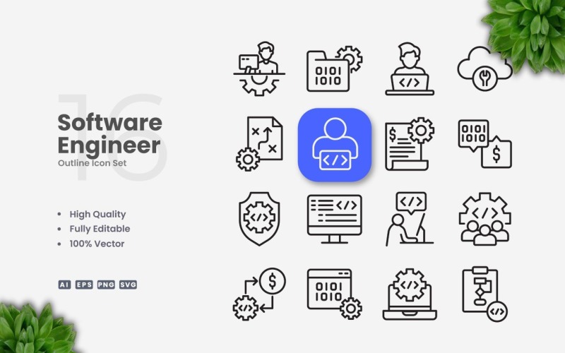 16 Software Engineer Outline Icon Set