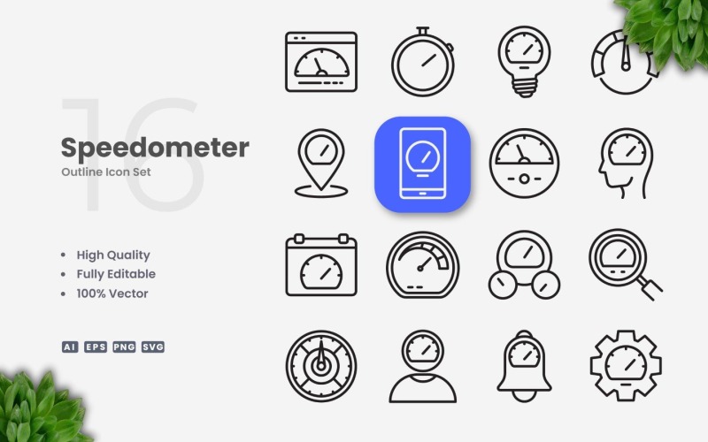 16 Tachometer-Umrisssymbolsatz