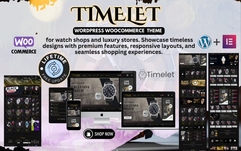 Timelet - Lüks Saat Satış Mağazası WordPress Woocommerce Elementor Şablonu