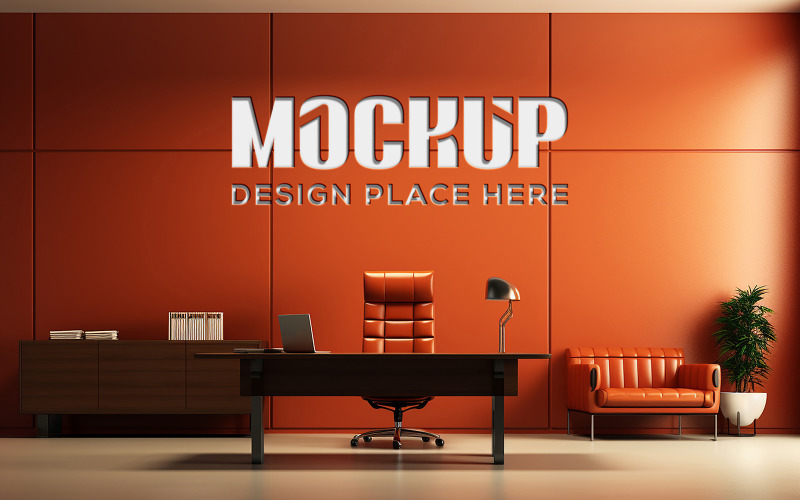 A desk and chair in front of a bright orange wall logo mockup with debossed effect psd