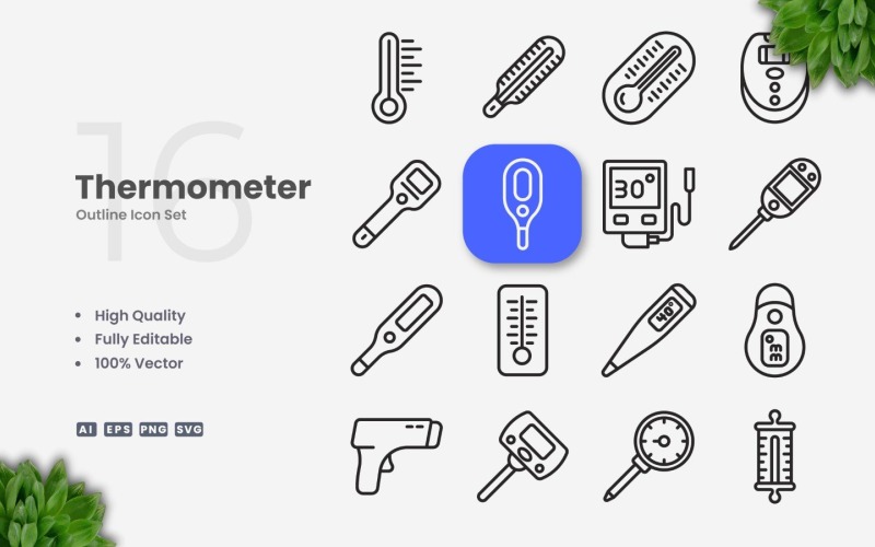 Conjunto de 16 iconos de contorno de termómetro