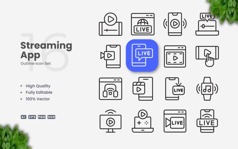 16 Set di icone di contorno dell'app di streaming