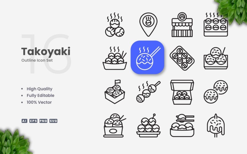 16 set di icone di contorno Takoyaki
