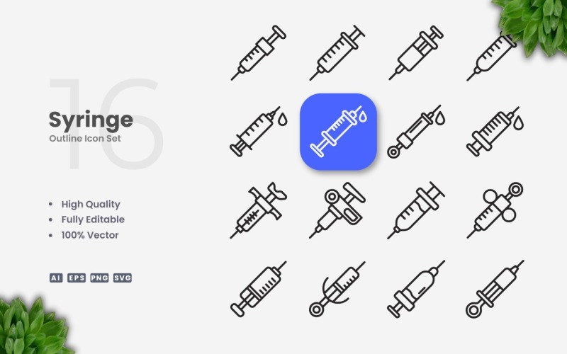 16 Syringe Outline Icon Set