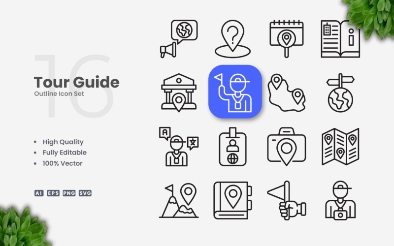 16 Tour Guide Outline Icon Set